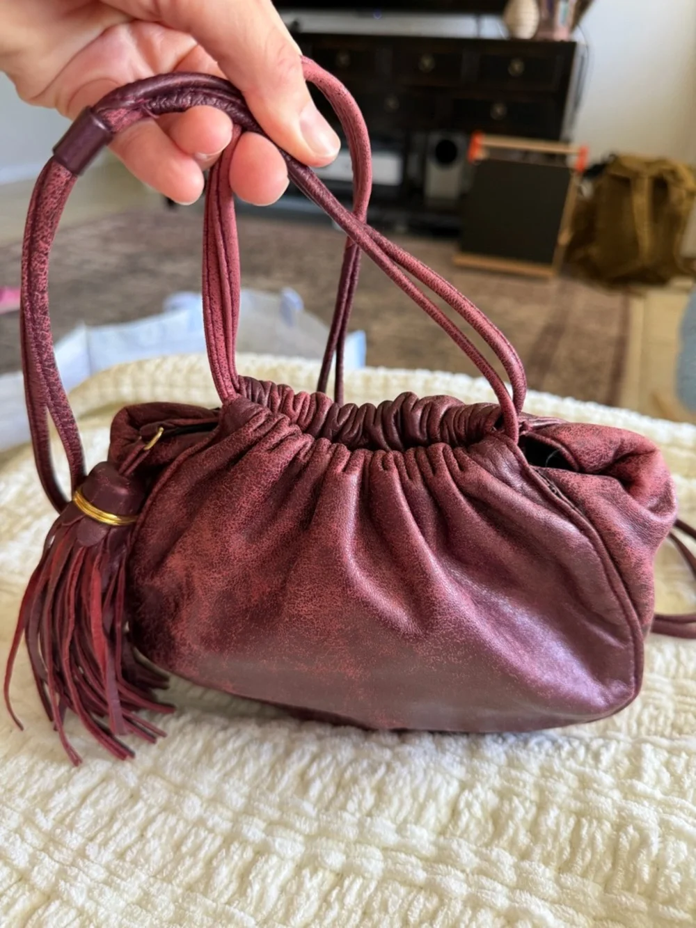 Vintage Ganson San Francisco Metallic Burgundy Leather Mini Bag‎ Tassel Y2K Boho